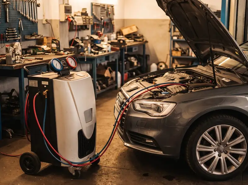 Klimaservice-Gerät am Fahrzeug angeschlossen